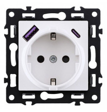 Розетка с заземлением и со шторкой и 2хUSB type A и C, без рамки Kollinger Asthetik AS-016WH