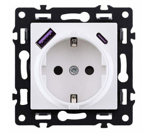 Розетка с заземлением и со шторкой и 2хUSB type A и C, без рамки Kollinger Asthetik AS-016WH