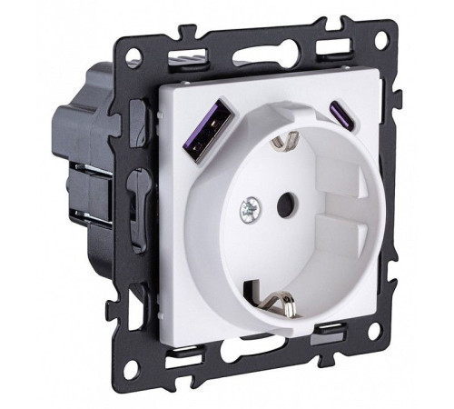 Розетка с заземлением и со шторкой и 2хUSB type A и C, без рамки Kollinger Asthetik AS-016WH