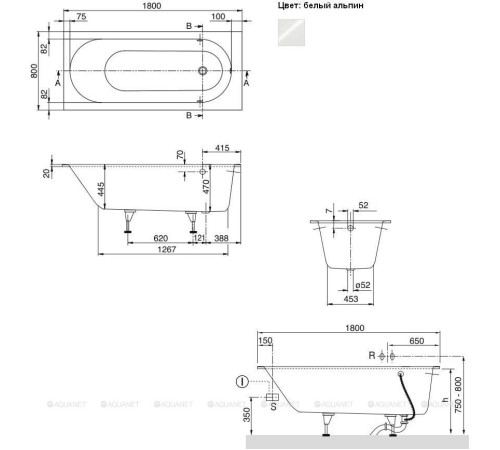 Ванна квариловая Villeroy & Boch Oberon 180x80 см комплект с ножками UBQ180OBE2V-01