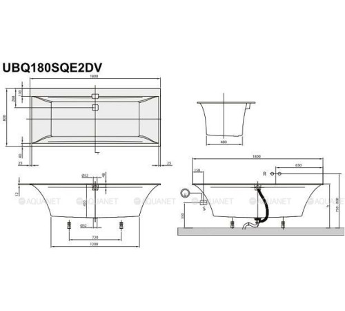 Ванна квариловая Villeroy & Boch Squaro Edge 12 180x80 см комплект с ножками и сливом-переливом UBQ180SQE2DV-01