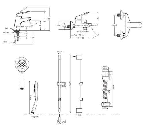 Комплект смесителей 3 в 1 Jacob Delafon Lucien E20850RU-CP (E20849/E20848/E32907-CP)