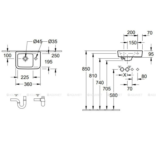 Раковина компактная Villeroy & Boch O.novo 360 мм 43433601
