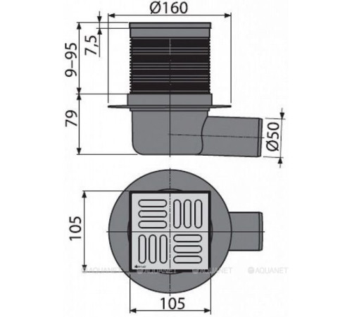 Трап сливной AlcaPlast 105x105/50 мм боковой выпуск решетка нерж. сталь APV1