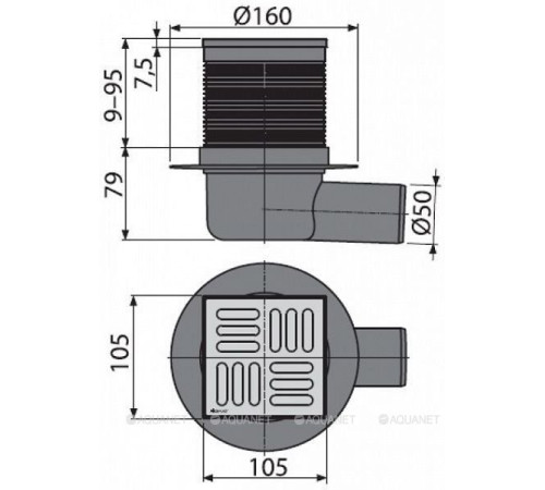Трап сливной AlcaPlast 105x105/50 мм боковой выпуск комбинированный затвор APV31