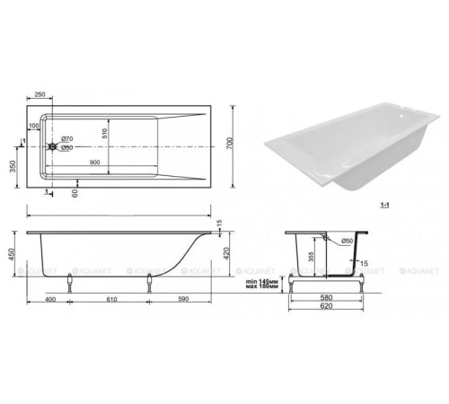 Ванна прямоугольная Aquanet BRIGHT STONE SLIM 1700х700 мм тонкий бортик 00351315