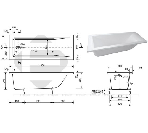 Ванна прямоугольная Aquanet BRIGHT STONE 1800х700 мм 00338574