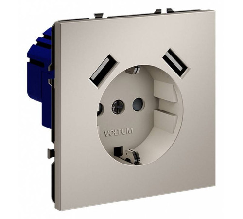 Розетка с заземлением и со шторкой и 2хUSB type A, без рамки Voltum S70 VLS040403