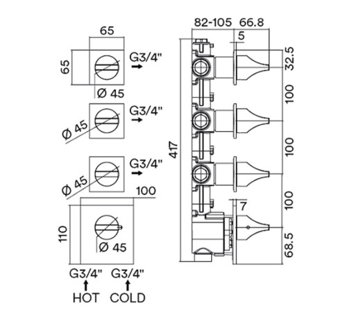 Наружная часть термостата для душа Bossini Apice High Flow с отдельными панелями черный матовый Z035205.073