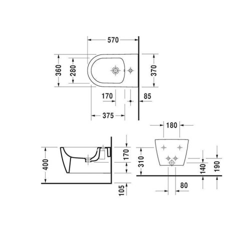 Биде подвесное Duravit ME by Starck 57х37 см 1 отверстие WonderGliss 22881500001