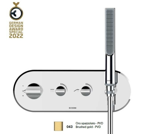 Наружная часть термостатического смесителя для душа Bossini Apice на 2 потребителя с ручным душем-палочкой брашированное золото Z00522.043
