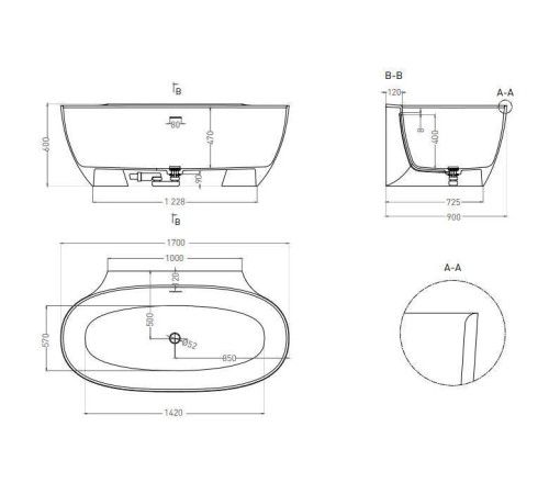 Ванна пристенная Salini Alda Wall 170х90х60 см S-Stone с сифоном и сливом-переливом 101925M