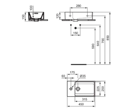 Раковина подвесная Ideal Standard Extra 45x25x12 см 1 отверстие слева Sx белая T373301