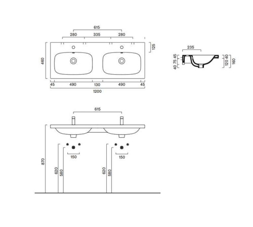 Раковина двойная Catalano Alvea 120x46 см подвесная/на мебель 0621220001