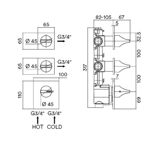 Наружная часть термостата для душа Bossini Apice High Flow с отдельными панелями хром Z035203.030