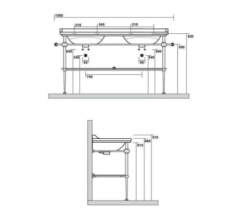 Консоль напольная с раковиной Kerasan Waldorf 150х55 см на 1 отв. бронза 4143K1bi/cr / 9195K3br / 811393br