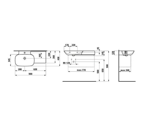 Раковина накладная Laufen INO 90х45х12 см 1 отверстие полка справа 8.1330.2.000.104.1
