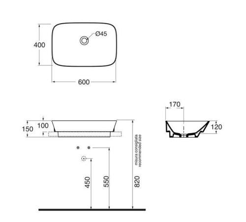 Раковина Azzurra PRUA 60х40 см без отверстия белая PRLN06040000BI