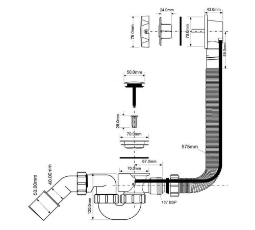 Слив-перелив для ванны McAlpine полуавтомат L575 мм хром MRB2C-PB