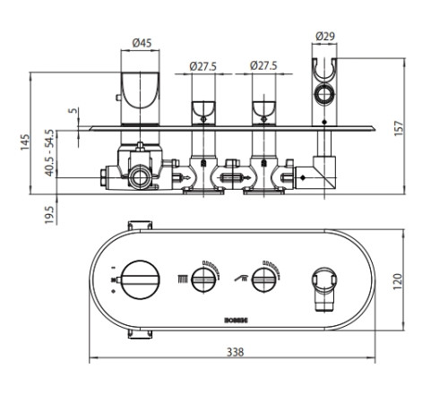 Наружная часть термостатического смесителя для душа Bossini Apice на 2 потребителя с ручным душем-палочкой брашированное золото Z00522.043