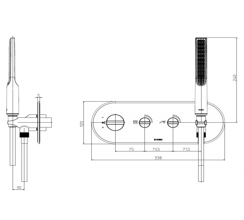 Наружная часть термостатического смесителя для душа Bossini Apice на 2 потребителя с ручным душем-палочкой брашированное золото Z00522.043