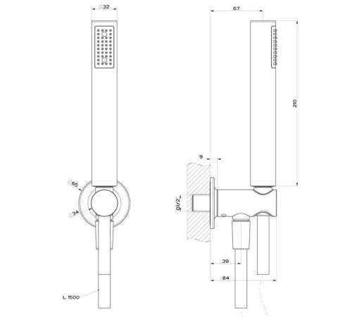 Душевой комплект Gessi Inciso вывод воды 1/2 держатель шланг 1.5 м лейка Black XL 58123#299