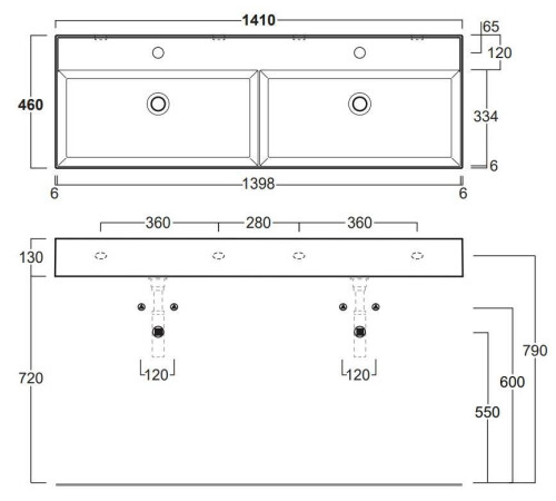 Раковина двойная Simas Agile 141х46 см 2 отверстия белая AG141D bi