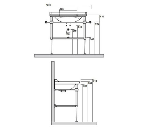 Раковина с металлической консолью и зеркалом Kerasan Waldorf 80х55 см напольная 1 отверстие золото 4141K1bi/cr / 9197K2 / 811391oro