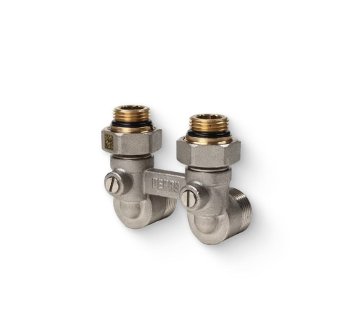 Блок шаровых кранов REHAU угловой G 1/2 x G 3/4 никелированный 12407373001
