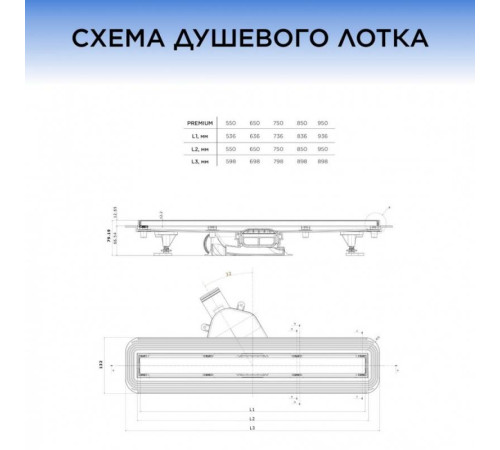 Душевой лоток Bettoserb BETTO DRAIN Premium Line 750 мм хром матовый рамка хром 13100005