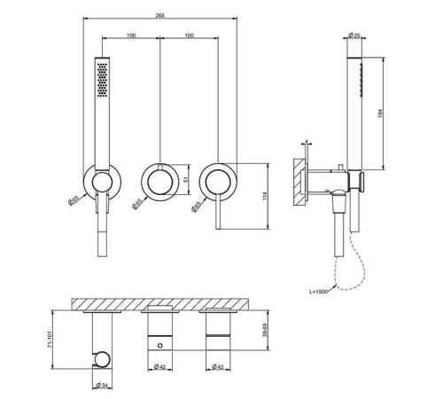Смеситель для душа встраиваемый Gessi 316 на 2 выхода с ручным душем и шлангом Black XL 54039#299