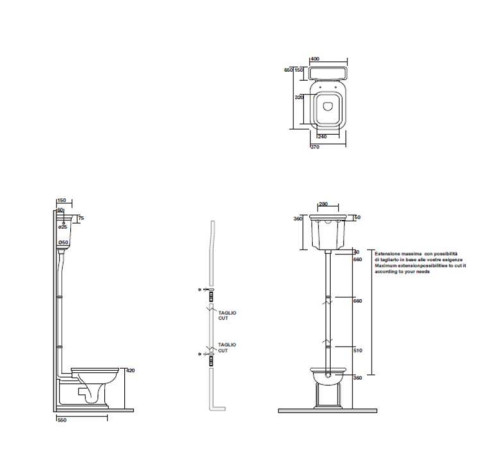 Унитаз пристенный Kerasan Waldorf с высоким бачком и трубой белый/золото 411601/418001/754591/760391/757391