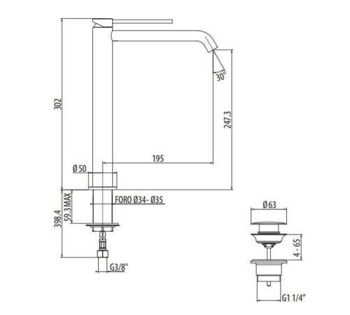 Смеситель для раковины Gattoni Circle Two высокий 302 мм с донным клапаном черный матовый 9148/91NO