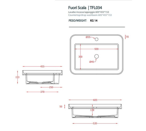 Раковина Artceram Fuori Scala 60х45 см встраиваемая с 1 отверстием белый TFL034 01 00