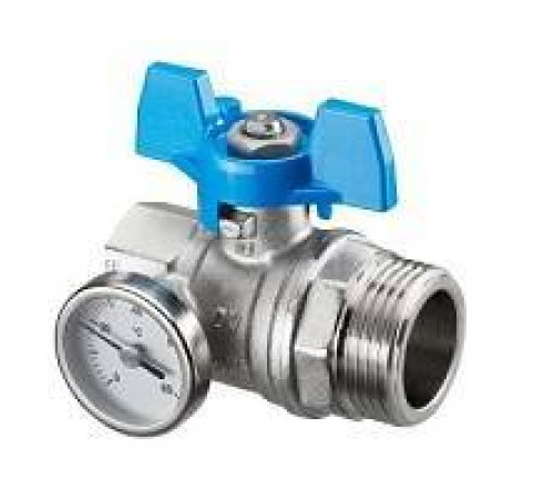 Кран шаровой Oventrop Optibal Ду20 3/4 ВР х 1 НР с термометром синий маховик 1406583