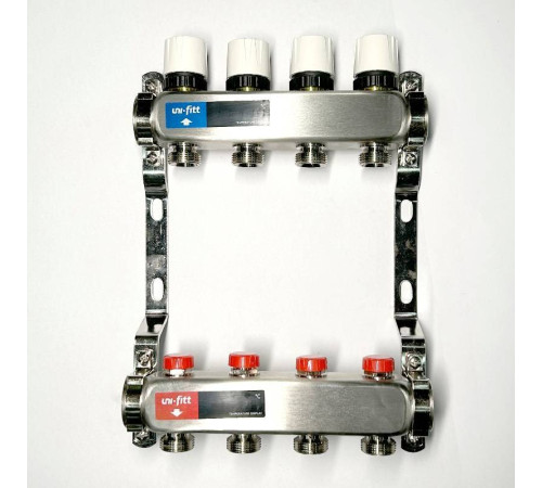 Коллекторная группа 1 x 4 выхода 3/4 STOUT с балансировочными клапанами из нержавеющей стали без концевых групп 451W4304