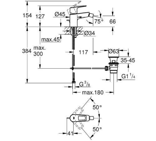 Смеситель для биде GROHE BauLoop с донным клапаном хром 23338001