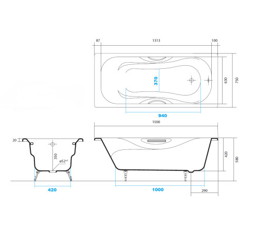 Ванна чугунная Aquanet Gamma 1500x750 мм с ножками и ручками AQ8050FH-00