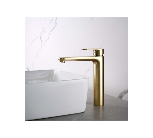 Смеситель для раковины Aquanet Ника высокий 190 мм без донного клапана шлифованное золото AQ1804BG