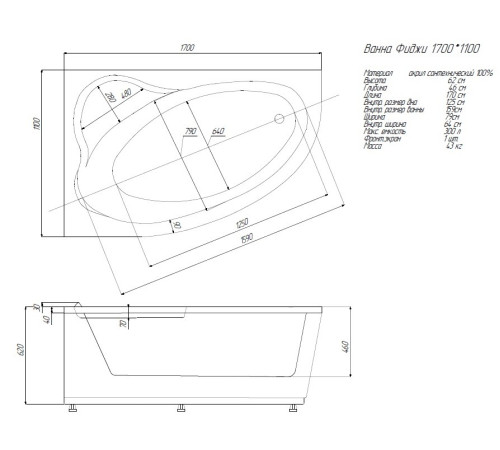 Ванна акриловая Radomir Фиджи 170 левая с фронтальным экраном и каркасом FID170-0000006