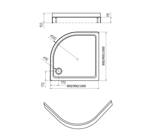 Поддон душевой D-Pol акриловый 1/4 круга 90x90x15 см с ножками и панелью DPA-0000004