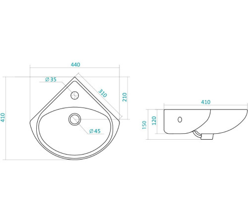 Умывальник Santek Ирис 36 см угловой 1 отверстие 1.WH11.0.514
