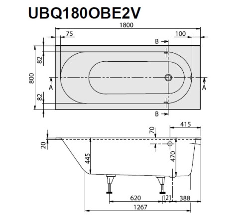 Ванна квариловая Villeroy & Boch Oberon Solo 180x80 см с ножками белая UBQ180OBE2V-01
