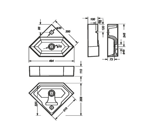 Умывальник угловой Creavit Line 35 белый WB.CR/Line/35-C/WHT.G/S1