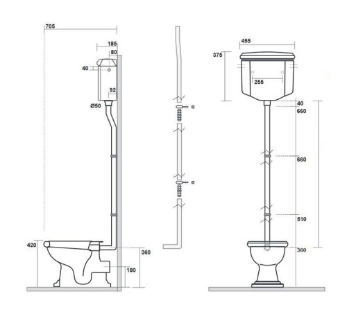 Унитаз напольный Kerasan Retro 72х38.5 см с высоким бачком слив в стену белый/золото 754591/760391/101101/108001/757391