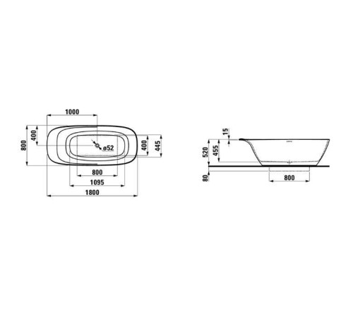 Ванна отдельностоящая Laufen INO 180х80х52 см со сливом-переливом 2.3030.2.000.000.1