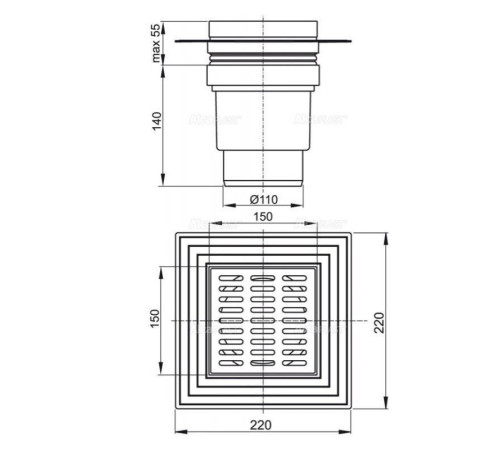 Трап для душа Alca 150х150 мм вертикальный выпуск 110 мм нержавеющая сталь APV13