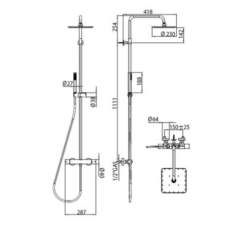 Душевая стойка Bossini Cosmo 23х23 см термостат ручной душ черный матовый L10103.073