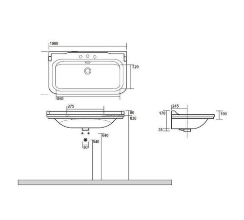 Раковина керамическая Kerasan Waldorf 100х55 см 1 отверстие белый/хром 4142K1bi/cr