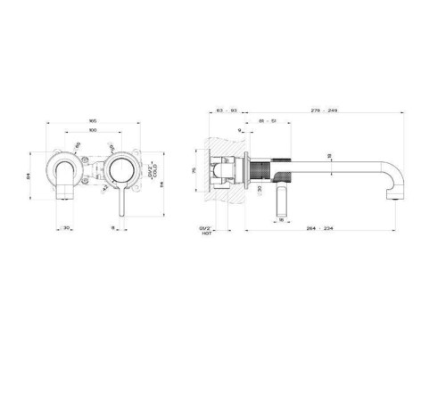 Смеситель для раковины Gessi Inciso встраиваемый излив 234 мм внешняя часть Brushed Brass PVD 58089#727